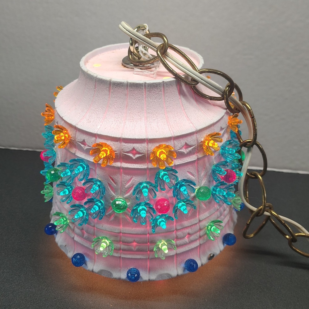 Vintage 70s Lawnware Beaded Patio Lantern w/ Hanger &  Cord Swag Lamp Works!